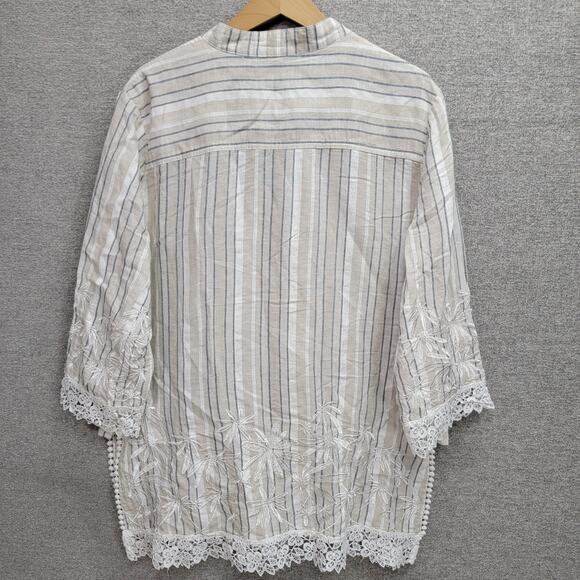SHARON YOUNG EMBROIDERED LACE LINEN BLEND TUNIC TOP, SIZE XL - Picture 2 of 5